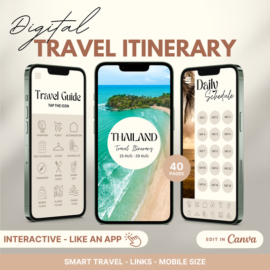 Digital travel itinerary displayed on three smartphones, featuring an interactive travel guide, daily schedule, and itinerary cover.