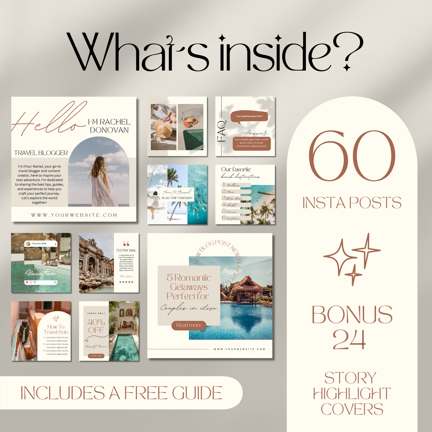 A promotional image displaying a bundle of 60 Instagram post templates for travel bloggers. The text reads “What’s inside? 60 Insta Posts + Bonus 24 Story Highlight Covers.”