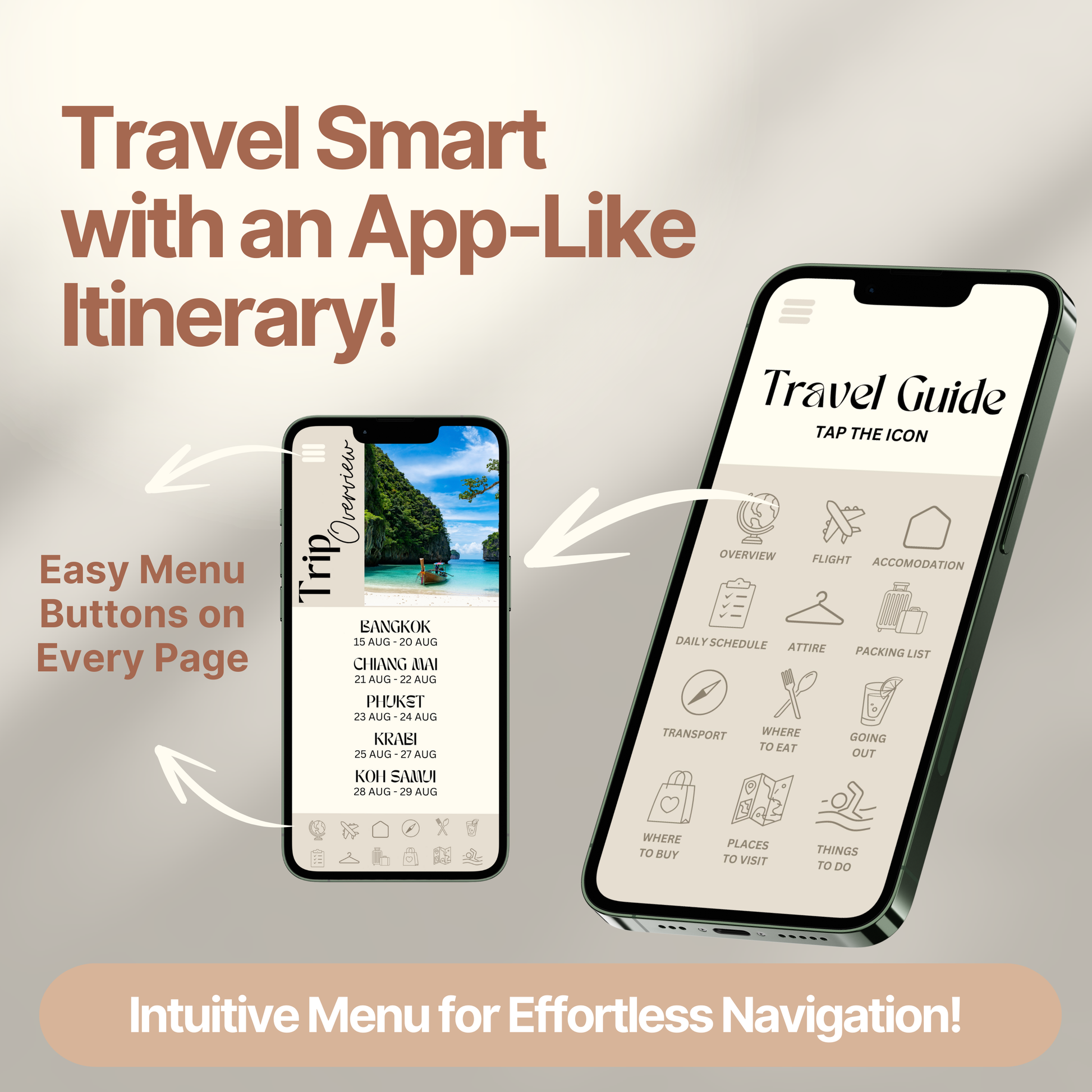Two smartphones display a digital travel itinerary designed to look and function like an app. Bold text highlights features like "Easy Menu Buttons on Every Page" and "Intuitive Menu for Effortless Navigation!"