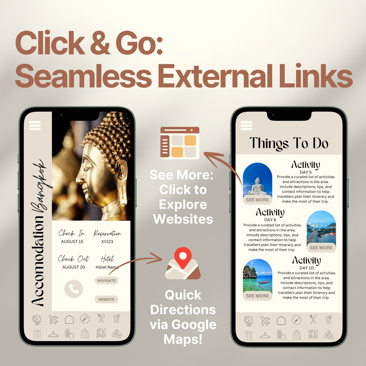 Two smartphones display an interactive digital travel guide interface. Text highlights features like “Quick Directions via Google Maps!” and “Click to Explore Websites,” emphasizing seamless external link integration for an app-like travel experience.