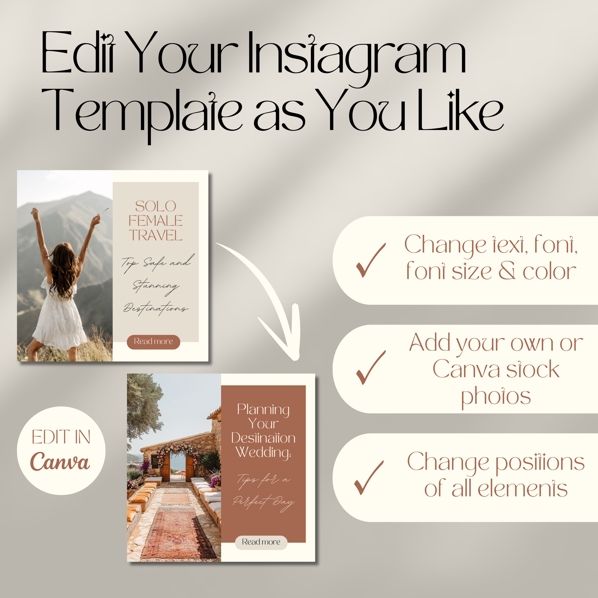A promotional graphic showing customizable Instagram post templates. The top of the image reads, "Edit Your Instagram Template as You Like."