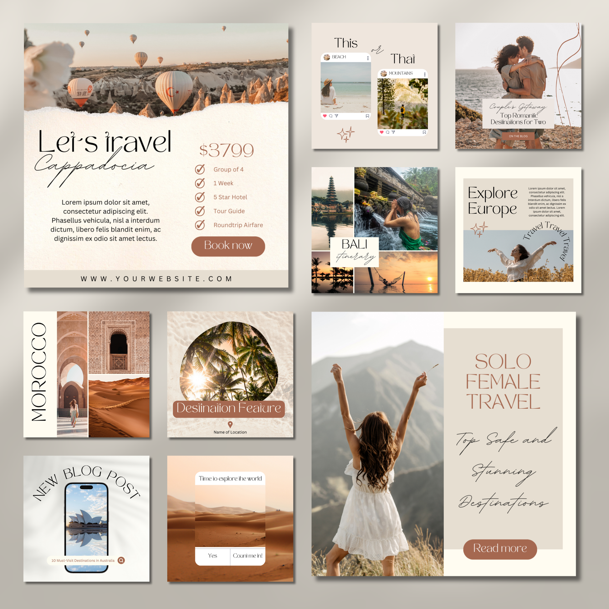 Grid of travel agent instagram templates.