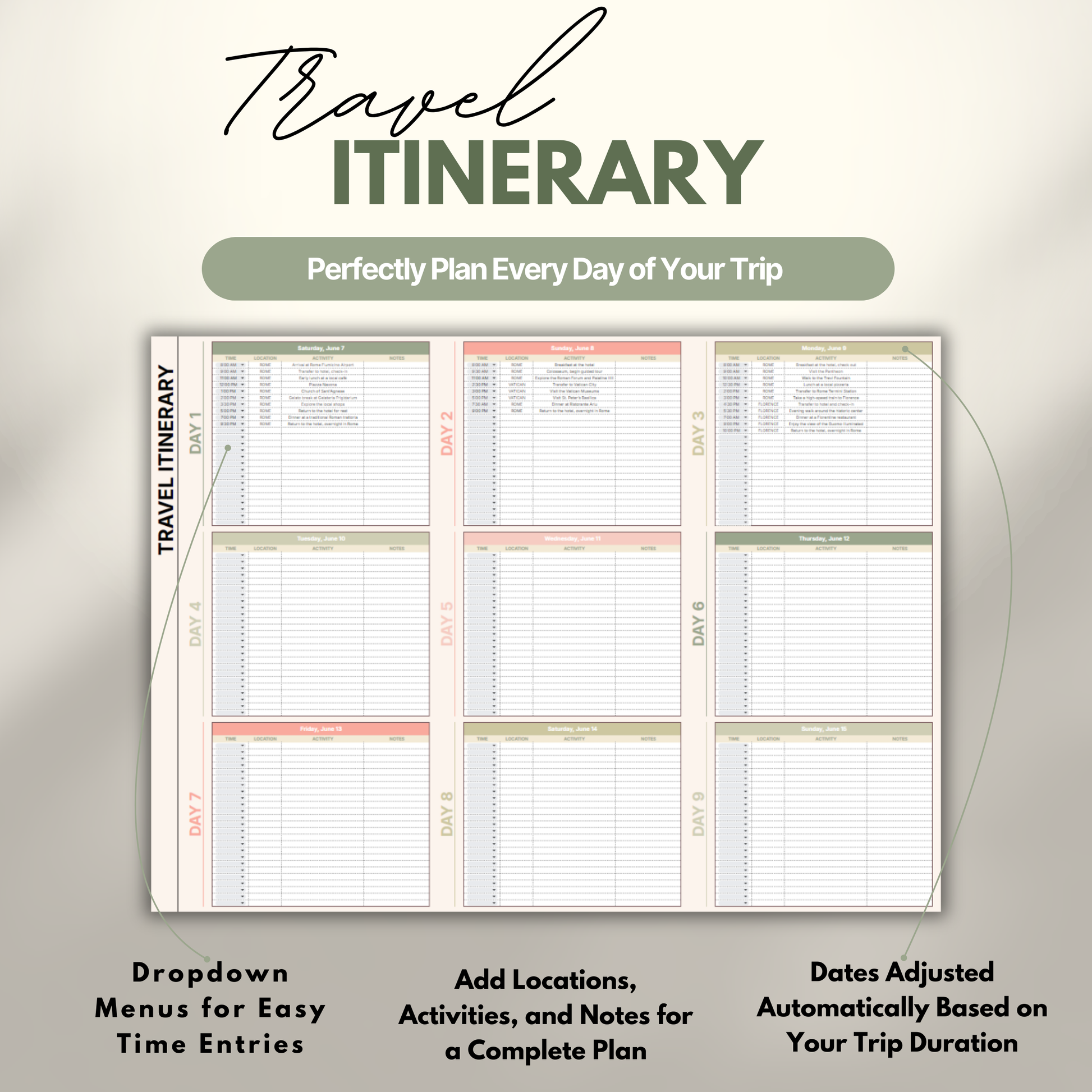 Overview of a digital travel planner showing the daily travel itinerary.