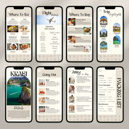 A collage of eight smartphone screens showcases a digital travel itinerary interface. Each screen displays different sections.