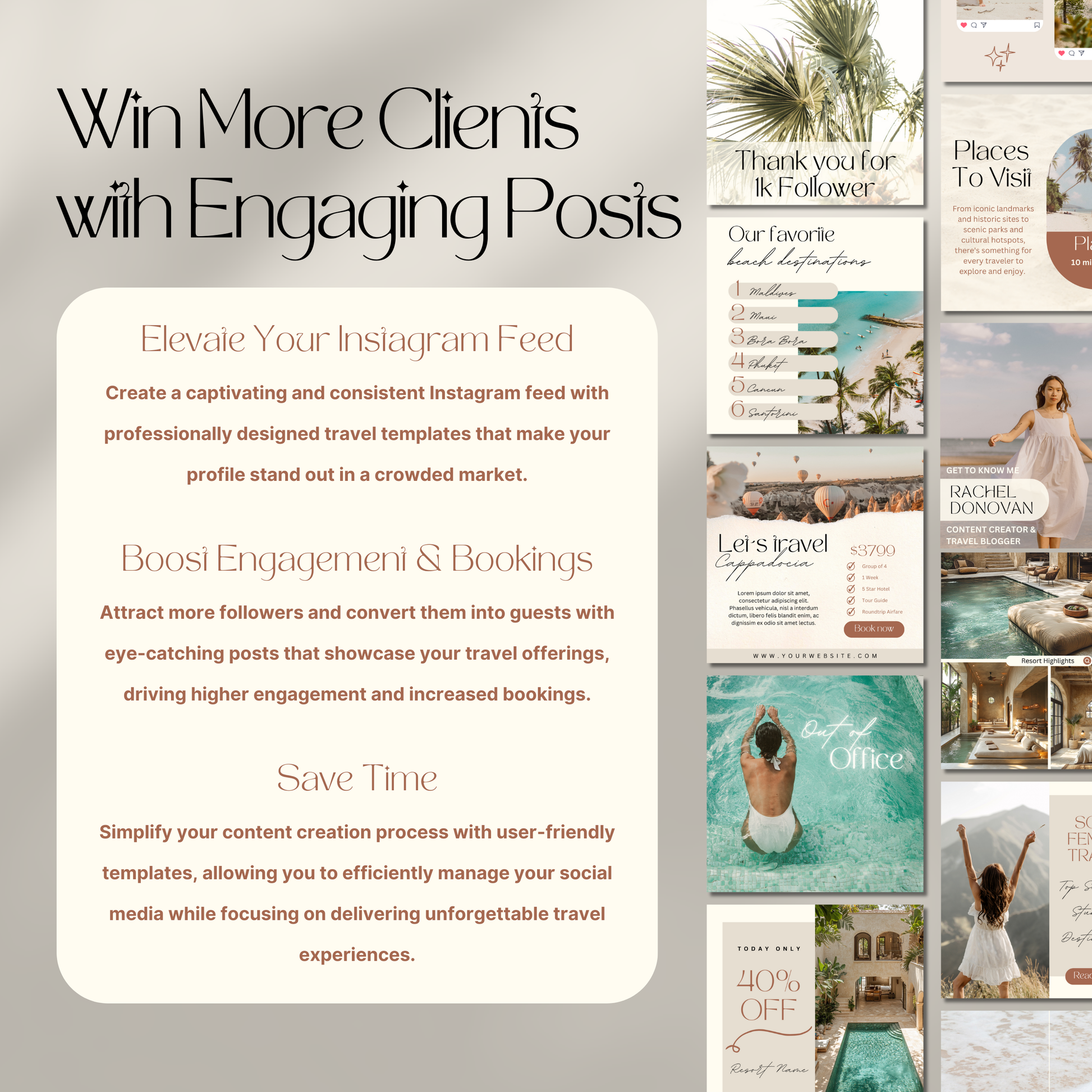 Grid of travel agent instagram templates. Win more Clients with Engaging Posts.