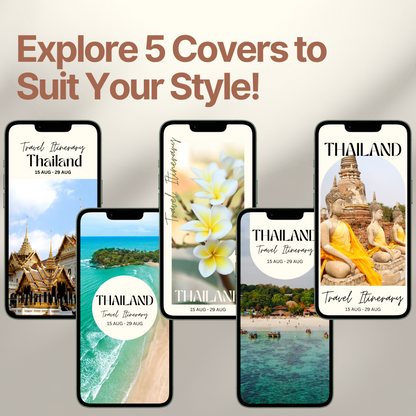 Five smartphone screens display different stylish cover designs. The headline above reads “Explore 5 Covers to Suit Your Style!” showcasing customization options for travelers.