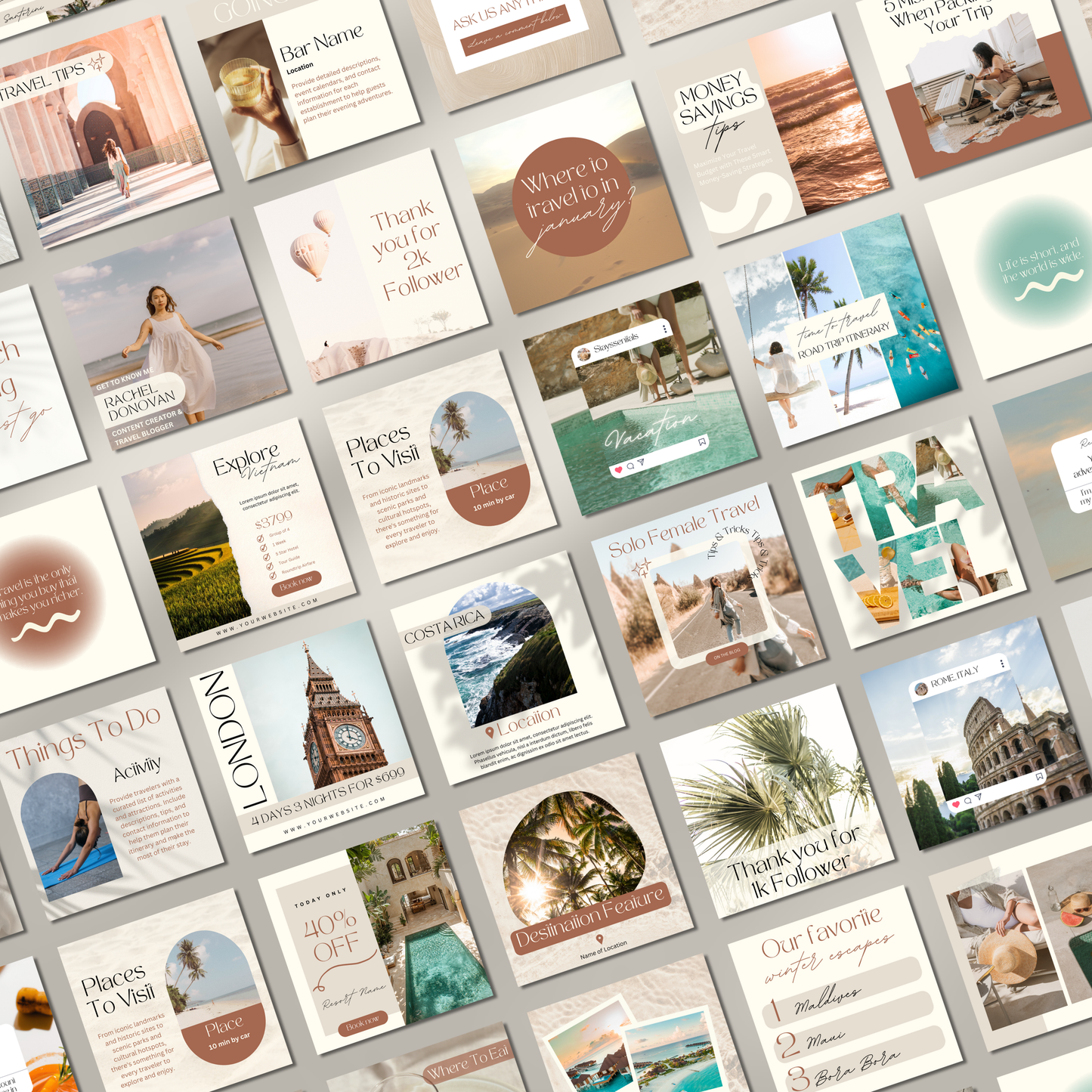 Grid of travel agent instagram templates.