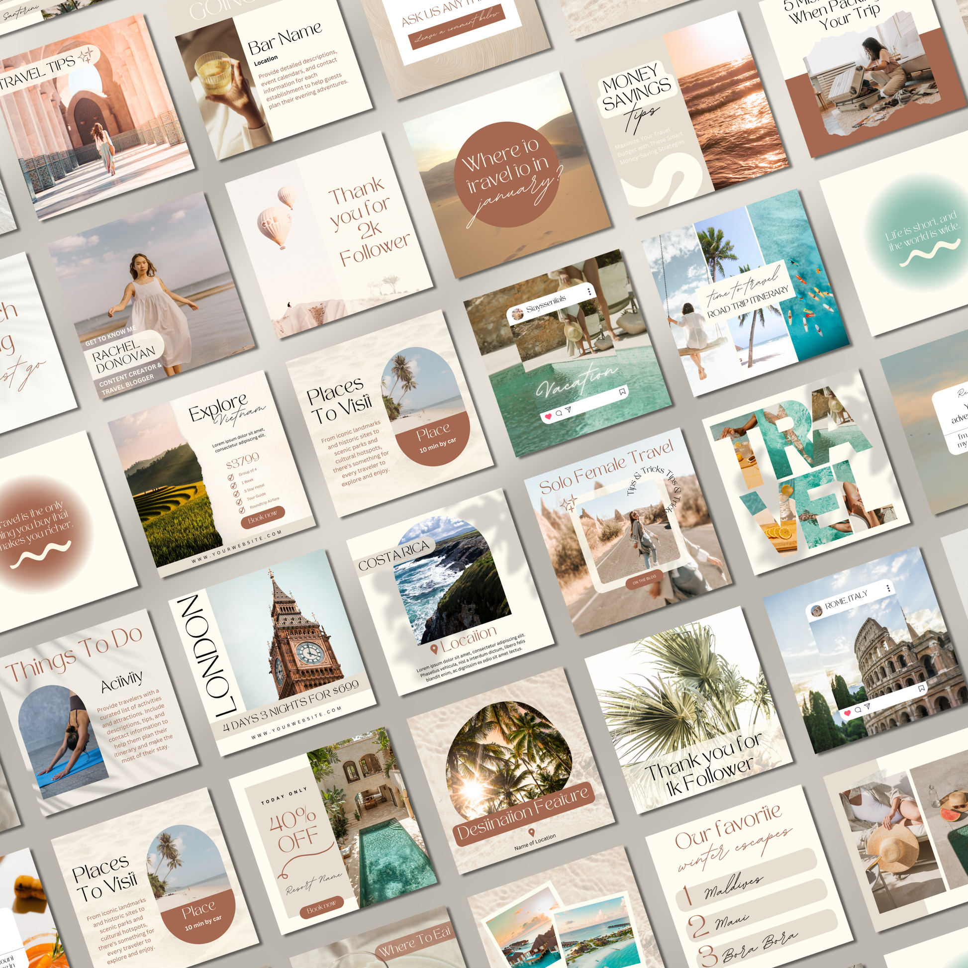 Grid of travel agent instagram templates.