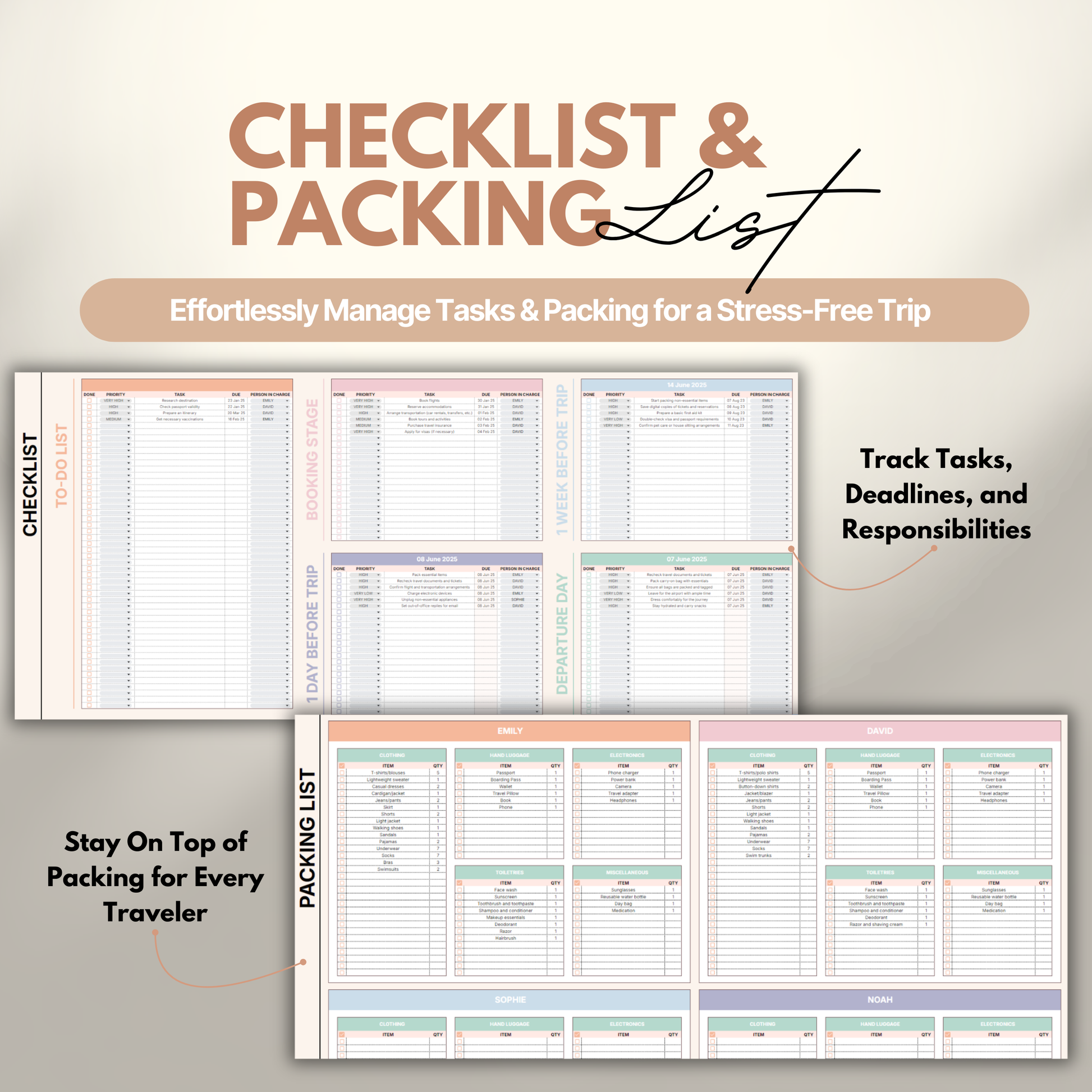 Overview of a digital travel planner showing the checlist and packing list.