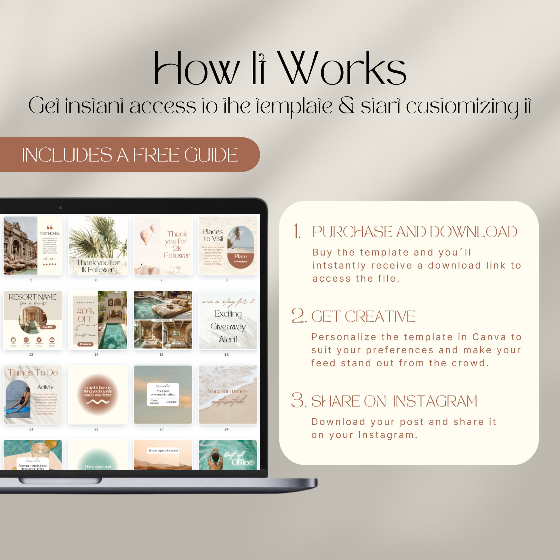 Instructional graphic titled “How It Works” showing a 3-step guide to using a Canva Instagram template. The steps are: (1) Purchase and Download, (2) Get Creative, and (3) Share on Instagram. A laptop screen displays example Instagram post templates with earthy tones and elegant travel-themed designs. A banner highlights that a free guide is included.