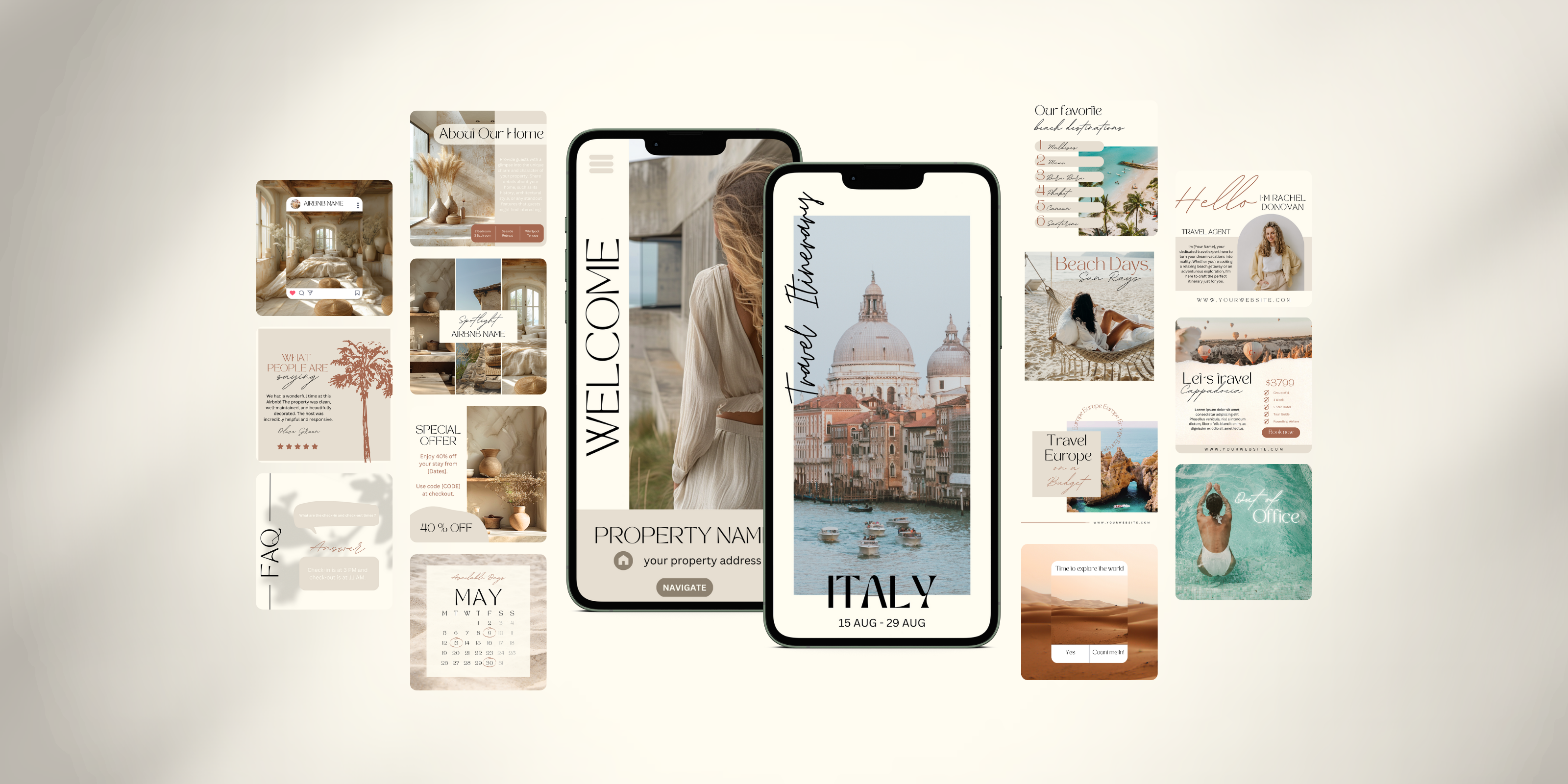 Preview of a digital welcome book and travel itinerary on a smartphone. Surrounded by instagram post examples for travel agants and airbnb hosts.