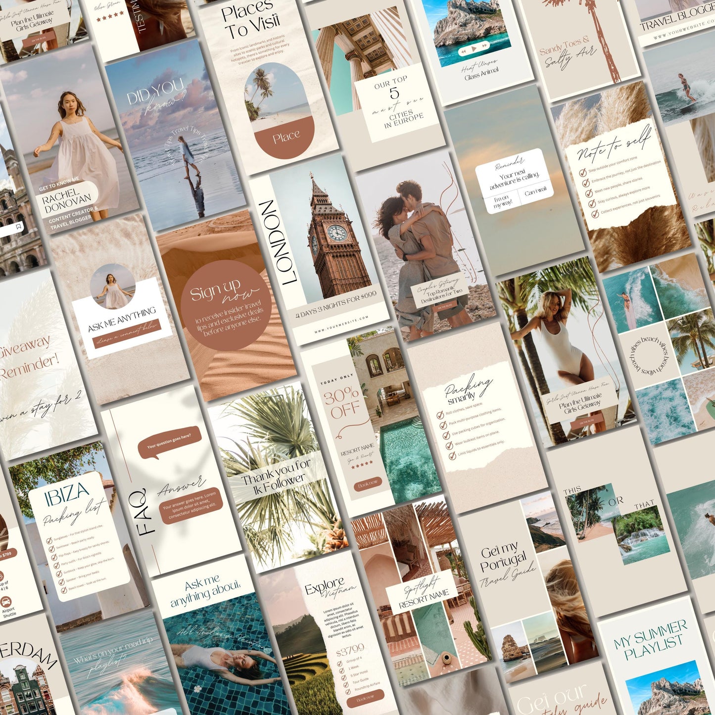 Grid of travel agent instagram templates.