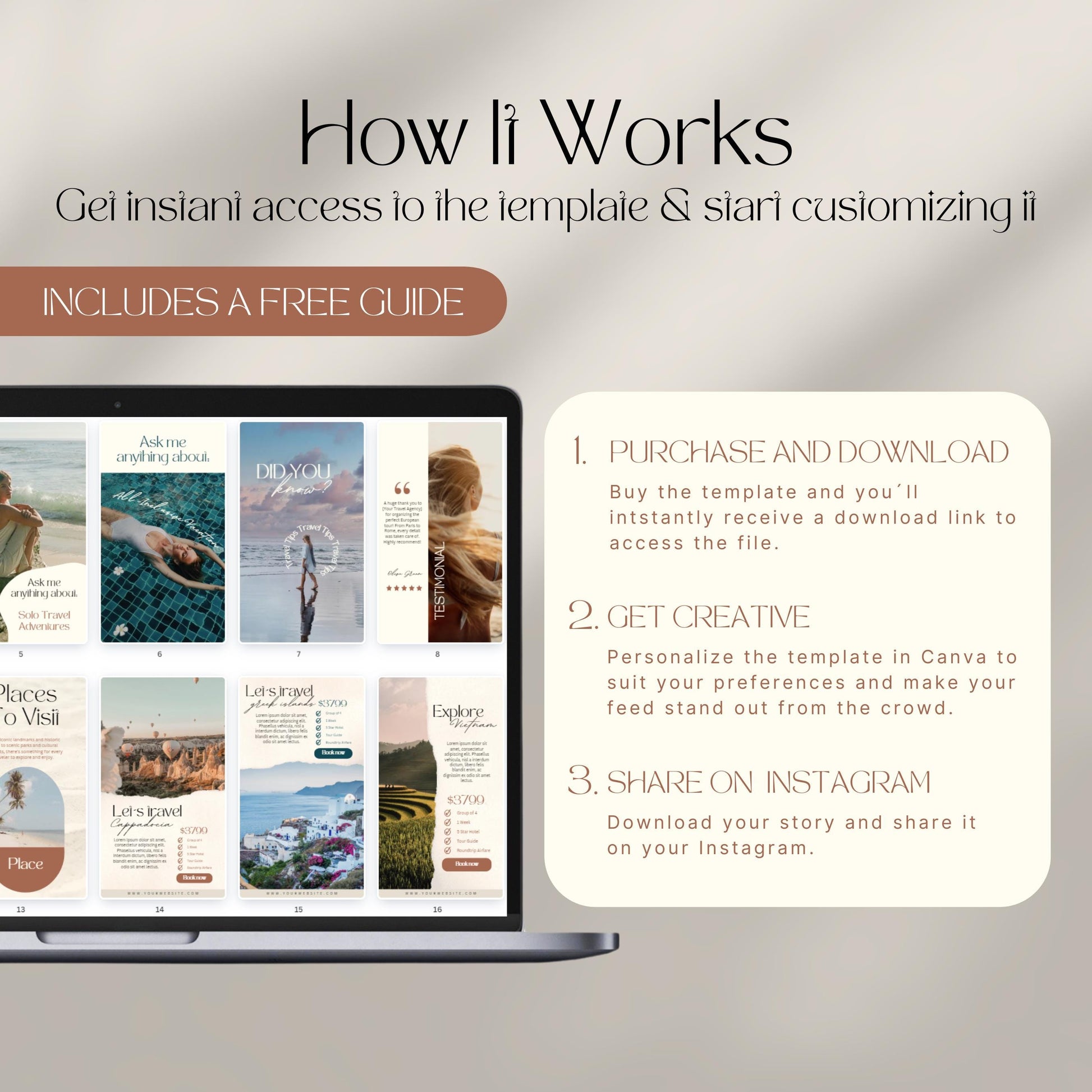 Instructional graphic titled “How It Works” showing a 3-step guide to using a Canva Instagram template. The steps are: (1) Purchase and Download, (2) Get Creative, and (3) Share on Instagram. A laptop screen displays example Instagram post templates with earthy tones and elegant travel-themed designs. A banner highlights that a free guide is included.