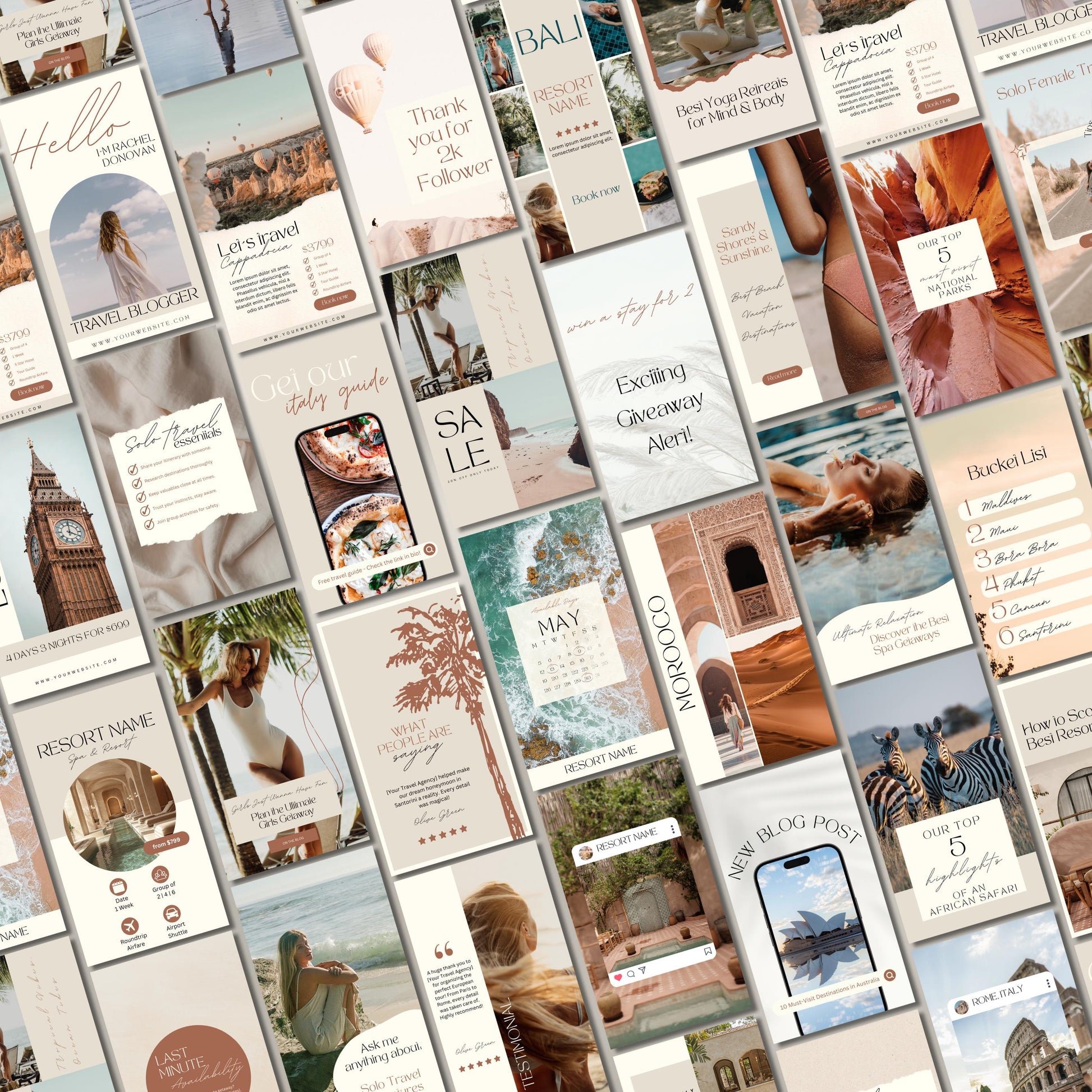 Grid of travel agent instagram templates.