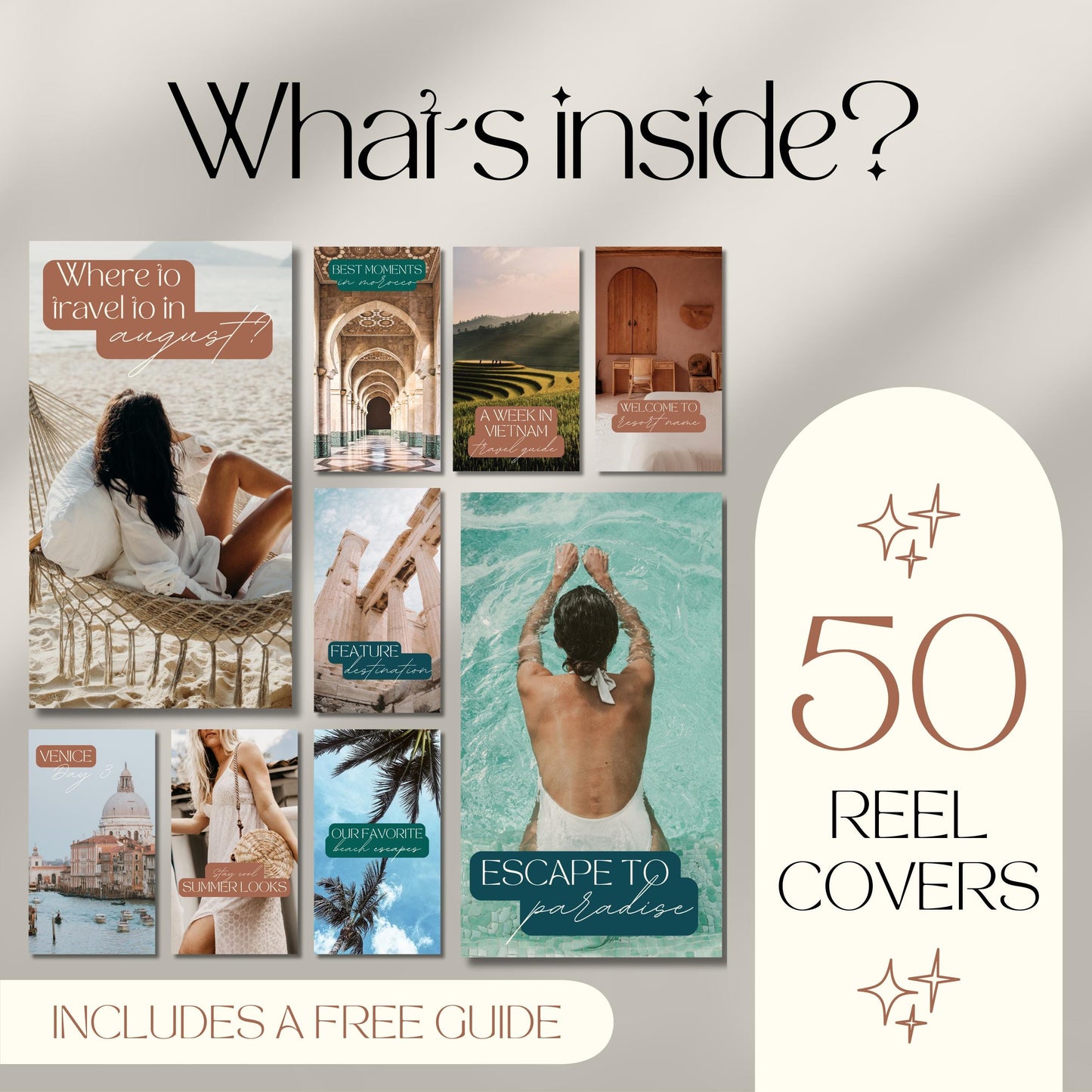 A promotional graphic titled “What’s inside?” showcasing 50 Instagram reel covers for travel content. 