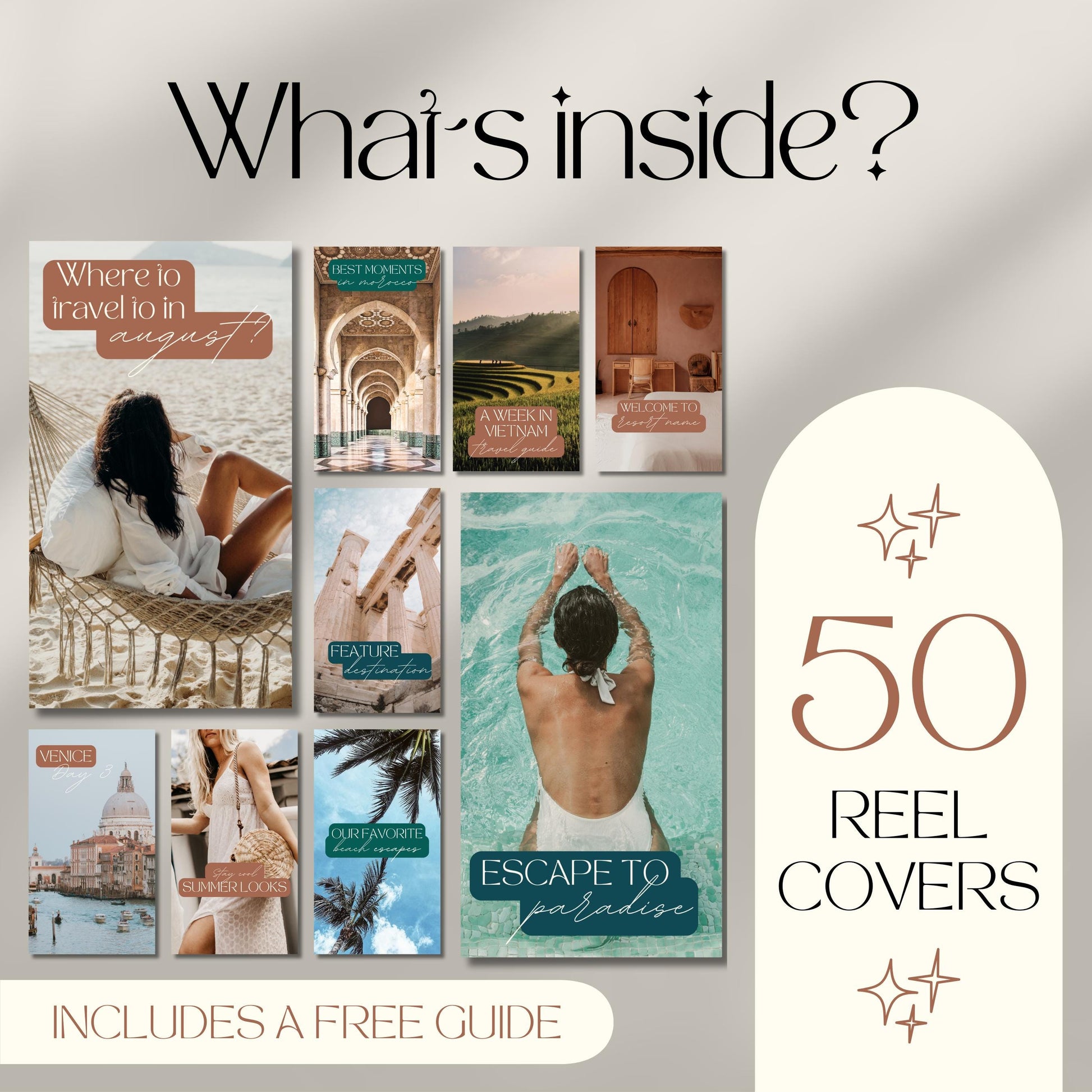 A promotional graphic titled “What’s inside?” showcasing 50 Instagram reel covers for travel content. 