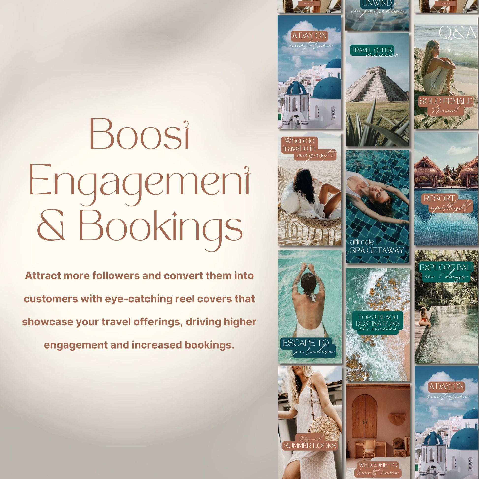 Grid of travel agent instagram templates. Boost Engagement & Bookings.