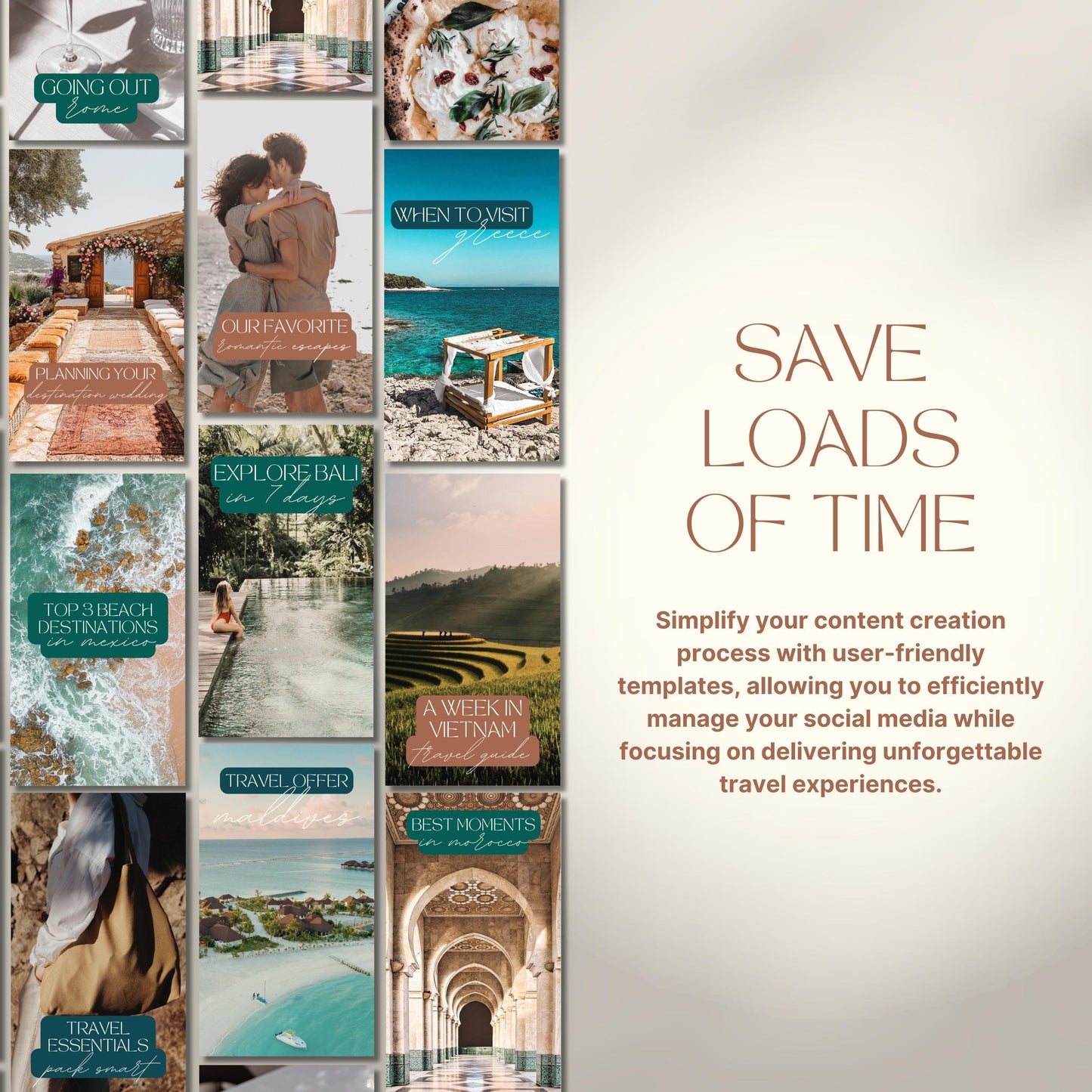 Grid of travel agent instagram templates. Save loads of time.