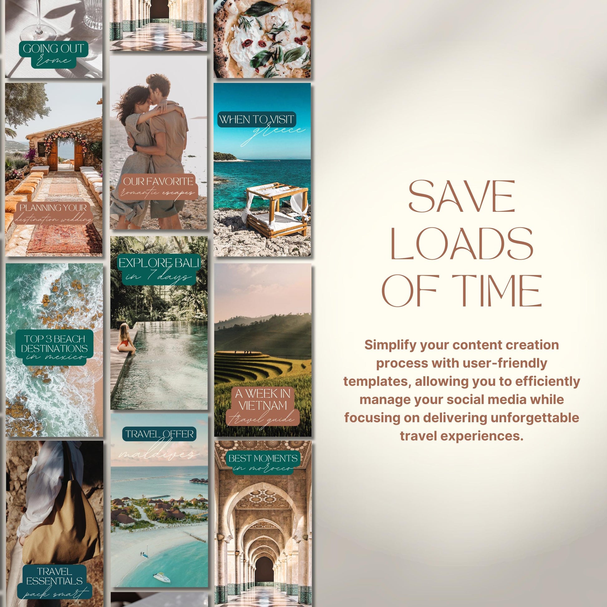 Grid of travel agent instagram templates. Save loads of time.