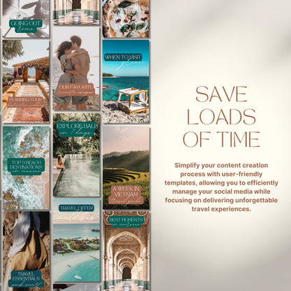 Grid of travel agent instagram templates. Save loads of time.