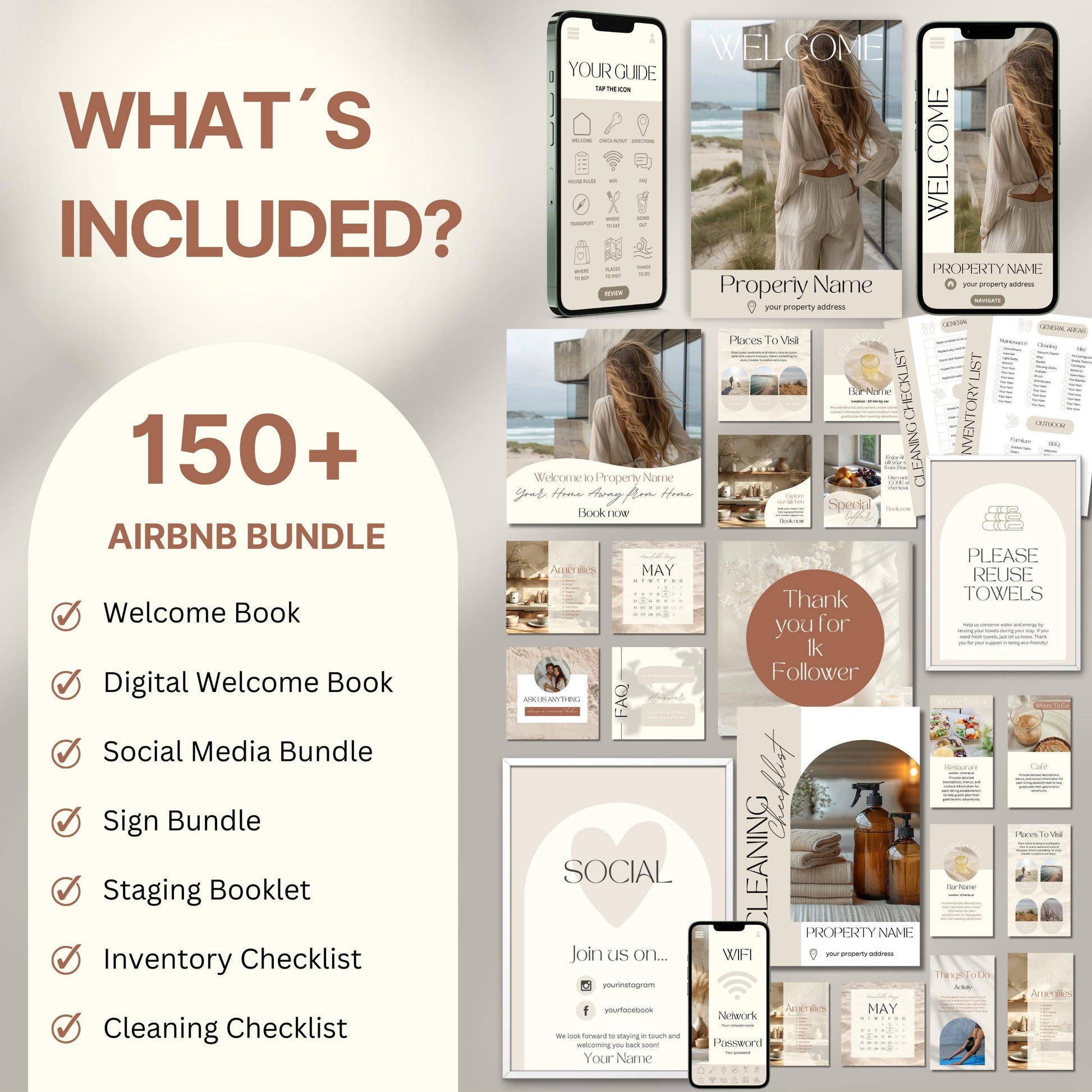 Overview image of a 150+ piece Airbnb Host Bundle in a soft theme, showcasing digital and printed welcome books, social media templates, property signs, checklists, and guest guides designed for Airbnb hosts to enhance guest experience and streamline hosting.