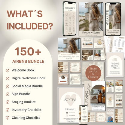 Overview image of a 150+ piece Airbnb Host Bundle in a soft theme, showcasing digital and printed welcome books, social media templates, property signs, checklists, and guest guides designed for Airbnb hosts to enhance guest experience and streamline hosting.