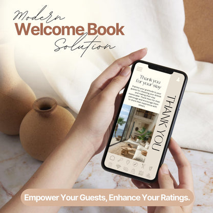 A person holds a smartphone displaying a digital Airbnb welcome book page with a "Thank You" message and a photo of a cozy outdoor seating area. The screen features an easy-to-navigate menu bar at the bottom with icons for various guest resources.