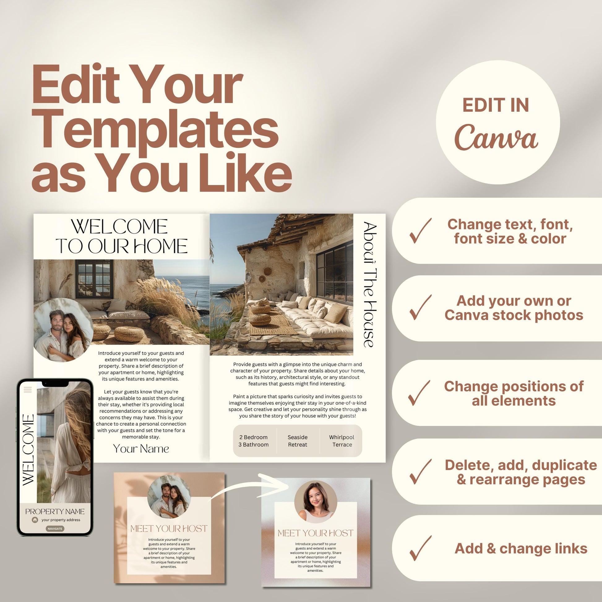 Editable Airbnb host welcome guide template, featuring welcome messages, house description, and host introduction. Includes checklist of customizable elements such as text, photos, layout, and links, all editable in Canva.