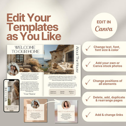Editable Airbnb host welcome guide template, featuring welcome messages, house description, and host introduction. Includes checklist of customizable elements such as text, photos, layout, and links, all editable in Canva.