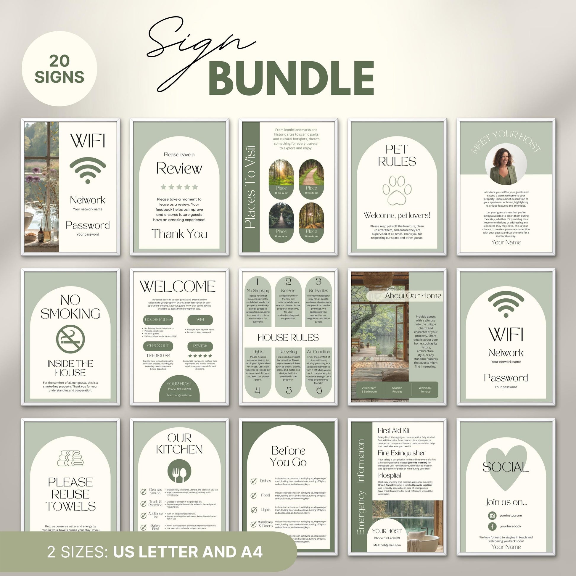 Overview of a airbnb host bundle showing airbnb signs in us letter and a4.