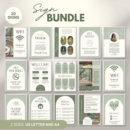 Overview of a airbnb host bundle showing airbnb signs in us letter and a4.