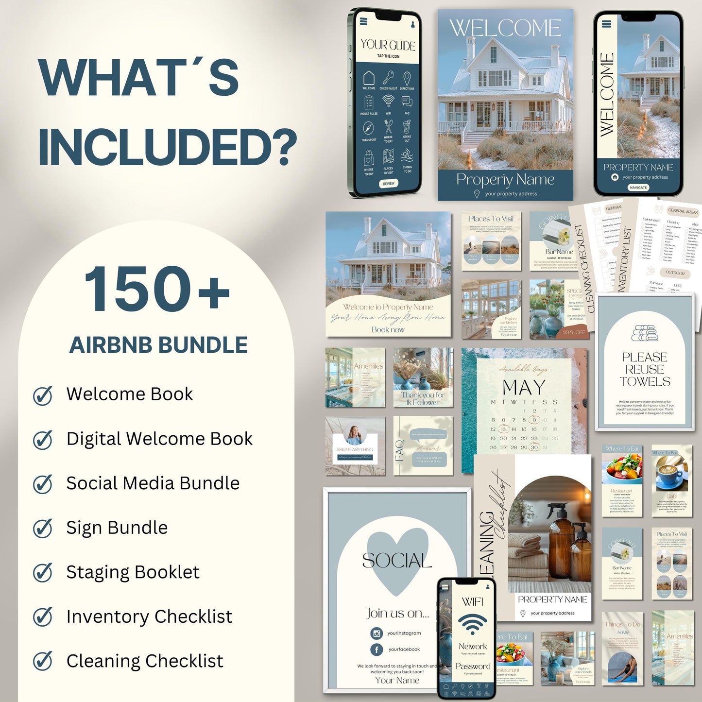 Overview image of a 150+ piece Airbnb Host Bundle in a soft theme, showcasing digital and printed welcome books, social media templates, property signs, checklists, and guest guides designed for Airbnb hosts to enhance guest experience and streamline hosting.