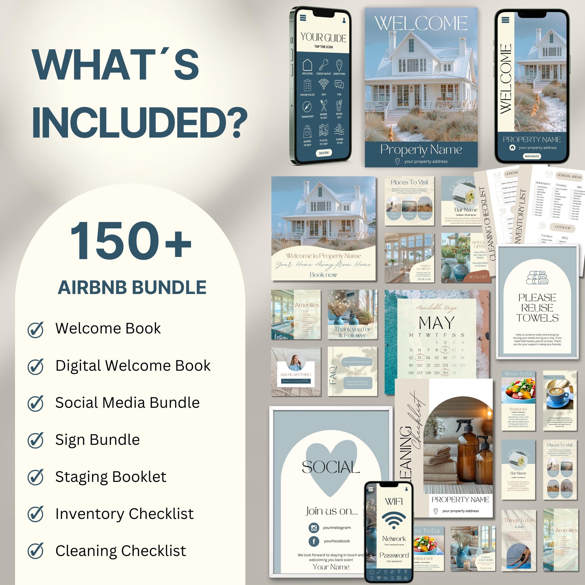 Overview image of a 150+ piece Airbnb Host Bundle in a soft theme, showcasing digital and printed welcome books, social media templates, property signs, checklists, and guest guides designed for Airbnb hosts to enhance guest experience and streamline hosting.