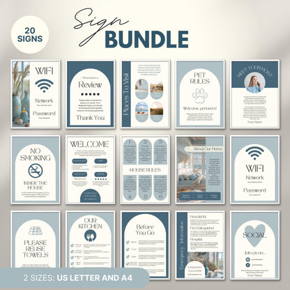 Overview of a airbnb host bundle showing airbnb signs in us letter and a4.