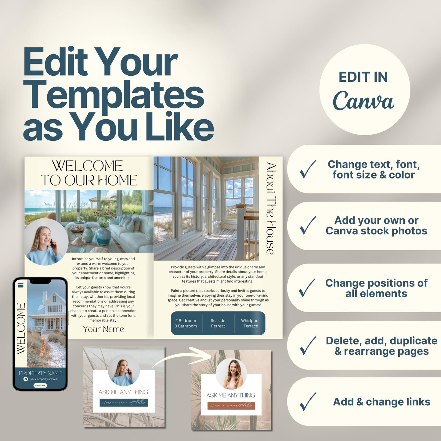 Editable Airbnb host welcome guide template, featuring welcome messages, house description, and host introduction. Includes checklist of customizable elements such as text, photos, layout, and links, all editable in Canva.