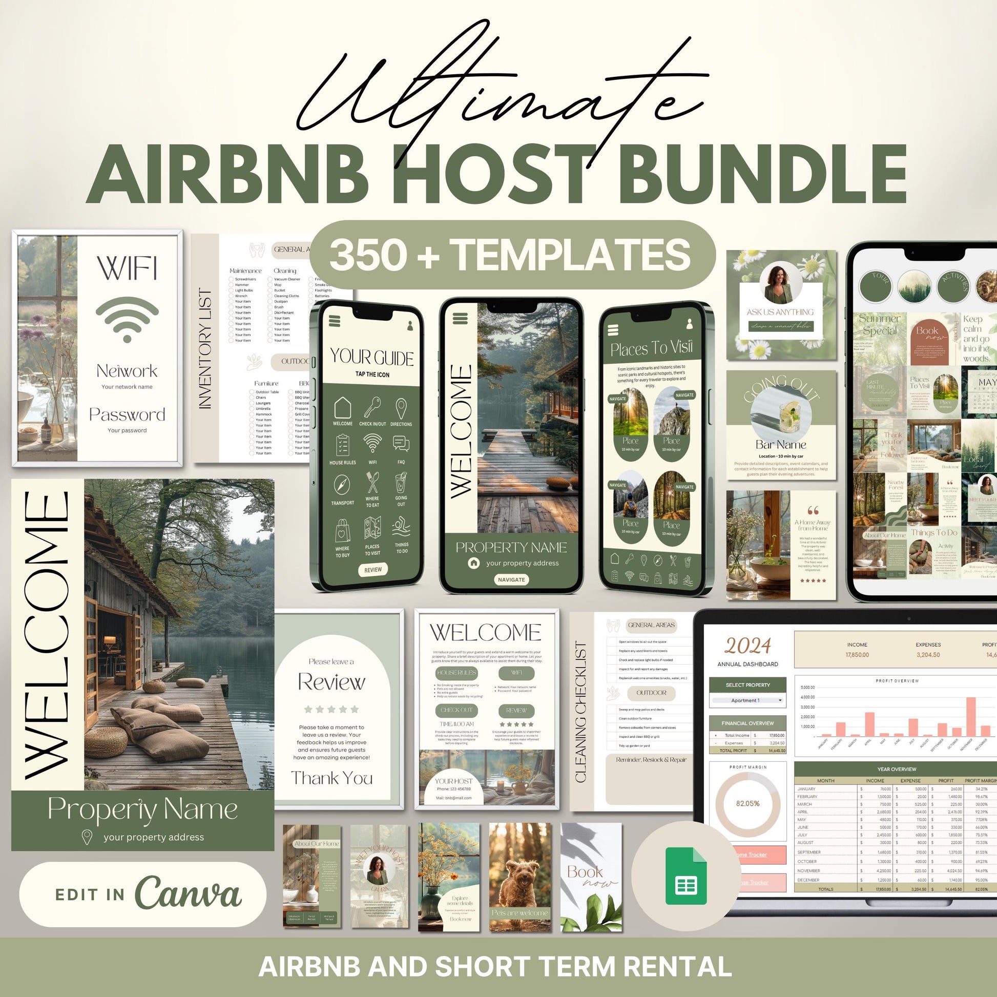 Collage showcasing a 350+ piece Ultimate Airbnb Host Bundle with fully editable Canva templates, including welcome signs, guest guides, inventory lists, social media posts, and cleaning checklists, all designed in a cohesive neutral beige theme for Airbnb hosts.