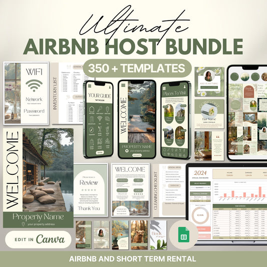 Collage showcasing a 350+ piece Ultimate Airbnb Host Bundle with fully editable Canva templates, including welcome signs, guest guides, inventory lists, social media posts, and cleaning checklists, all designed in a cohesive neutral beige theme for Airbnb hosts.