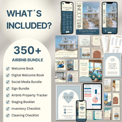 Overview image of a 350+ piece Airbnb Host Bundle in a soft theme, showcasing digital and printed welcome books, social media templates, property signs, checklists, and guest guides designed for Airbnb hosts to enhance guest experience and streamline hosting.