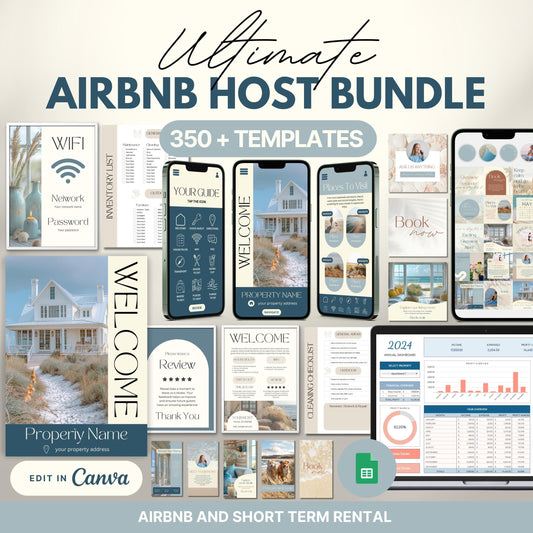 Promotional graphic for the “Ultimate Airbnb Host Bundle” showcasing over 350 editable templates. The image features a variety of digital and printable templates displayed on phones, tablets, laptops, and printed pages.