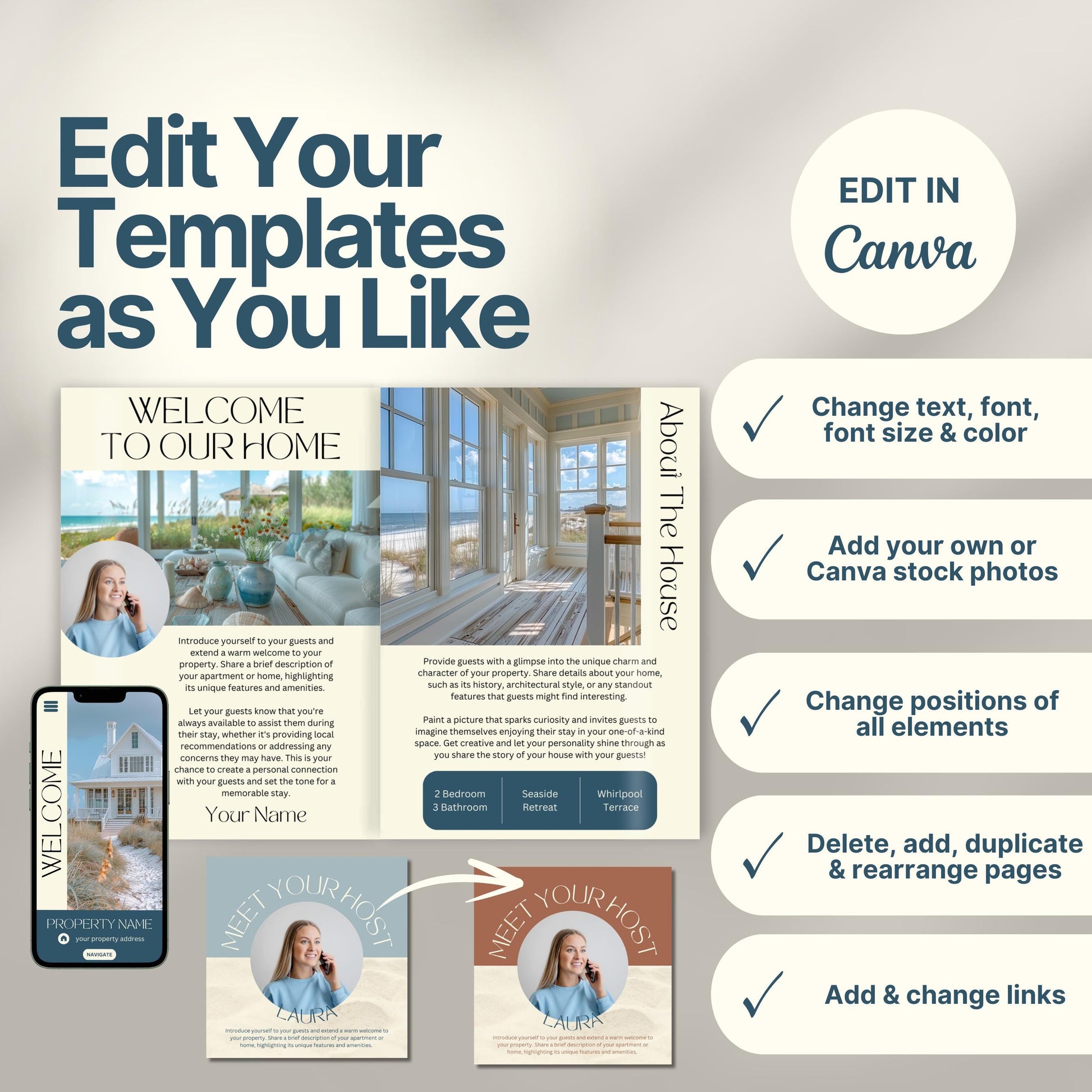 Editable Airbnb host welcome guide template, featuring welcome messages, house description, and host introduction. Includes checklist of customizable elements such as text, photos, layout, and links, all editable in Canva.