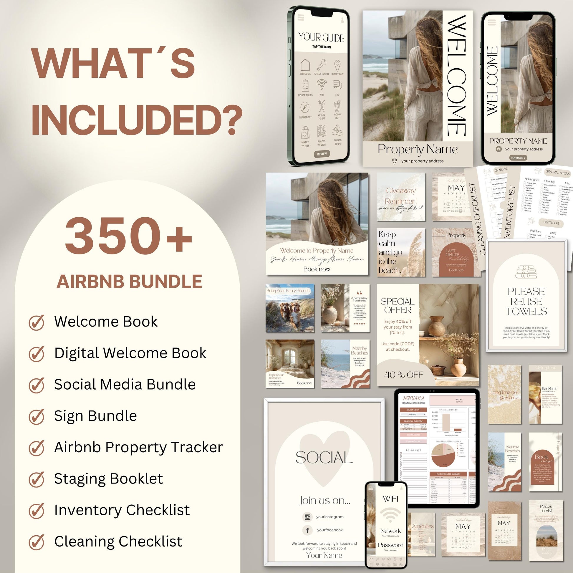 Overview image of a 350+ piece Airbnb Host Bundle in a soft theme, showcasing digital and printed welcome books, social media templates, property signs, postcards, checklists, and guest guides designed for Airbnb hosts to enhance guest experience and streamline hosting.