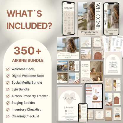 Overview image of a 350+ piece Airbnb Host Bundle in a soft theme, showcasing digital and printed welcome books, social media templates, property signs, postcards, checklists, and guest guides designed for Airbnb hosts to enhance guest experience and streamline hosting.