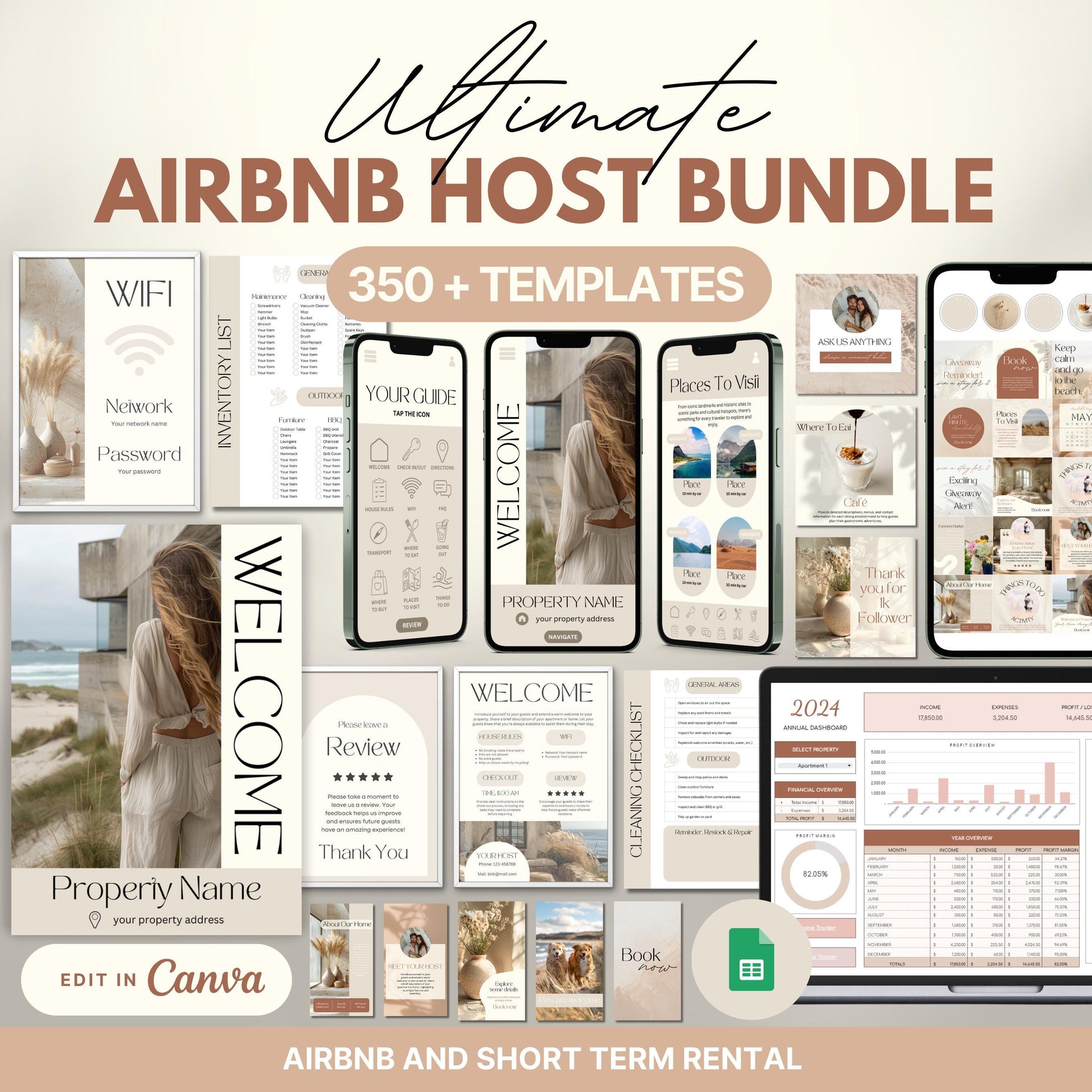 Promotional graphic for the “Ultimate Airbnb Host Bundle” showcasing over 350 editable templates. The image features a variety of digital and printable templates displayed on phones, tablets, laptops, and printed pages. 