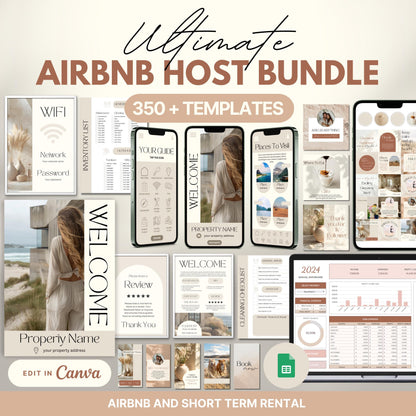 Promotional graphic for the “Ultimate Airbnb Host Bundle” showcasing over 350 editable templates. The image features a variety of digital and printable templates displayed on phones, tablets, laptops, and printed pages. 