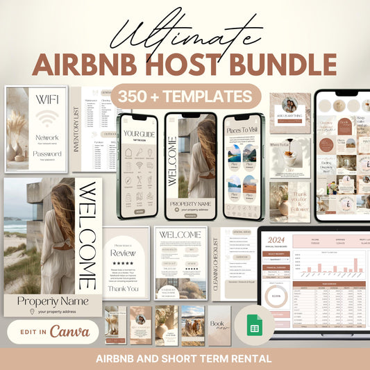 Promotional graphic for the “Ultimate Airbnb Host Bundle” showcasing over 350 editable templates. The image features a variety of digital and printable templates displayed on phones, tablets, laptops, and printed pages. 