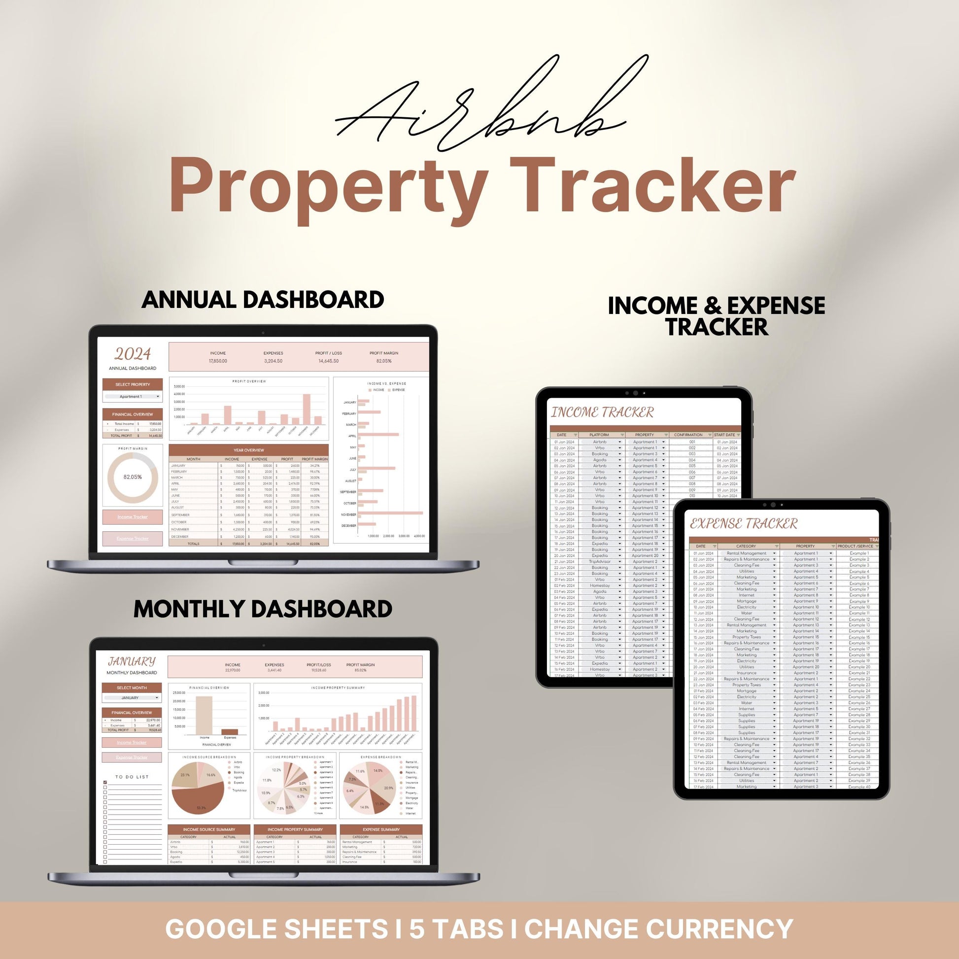 Overview of a airbnb host bundle showing an airbnb property tracker for google sheets.