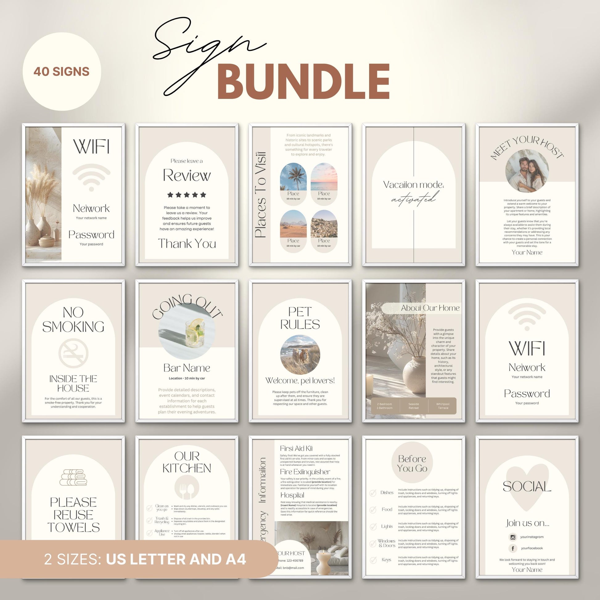 Overview of a airbnb host bundle showing airbnb signs in us letter and a4.
