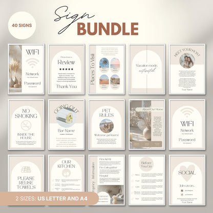 Overview of a airbnb host bundle showing airbnb signs in us letter and a4.