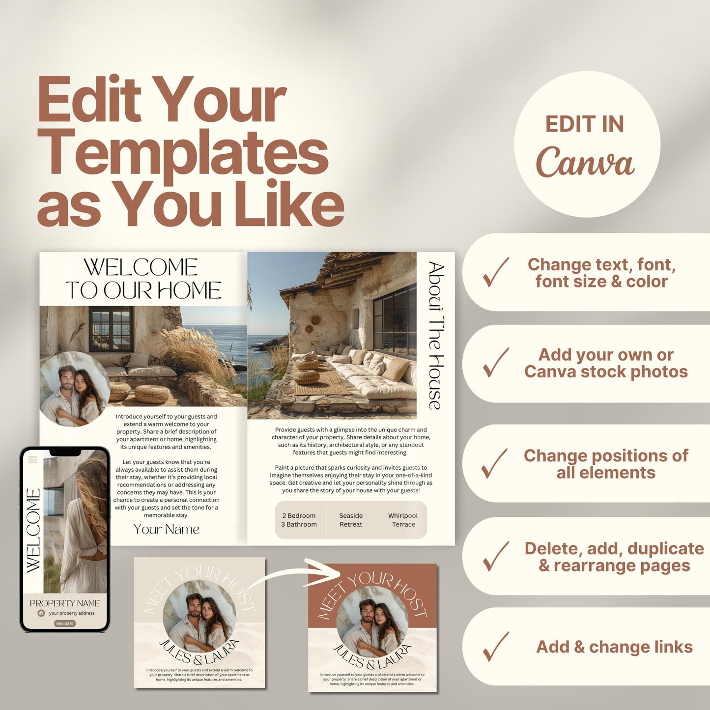 Editable Airbnb host welcome guide template, featuring welcome messages, house description, and host introduction. Includes checklist of customizable elements such as text, photos, layout, and links, all editable in Canva.