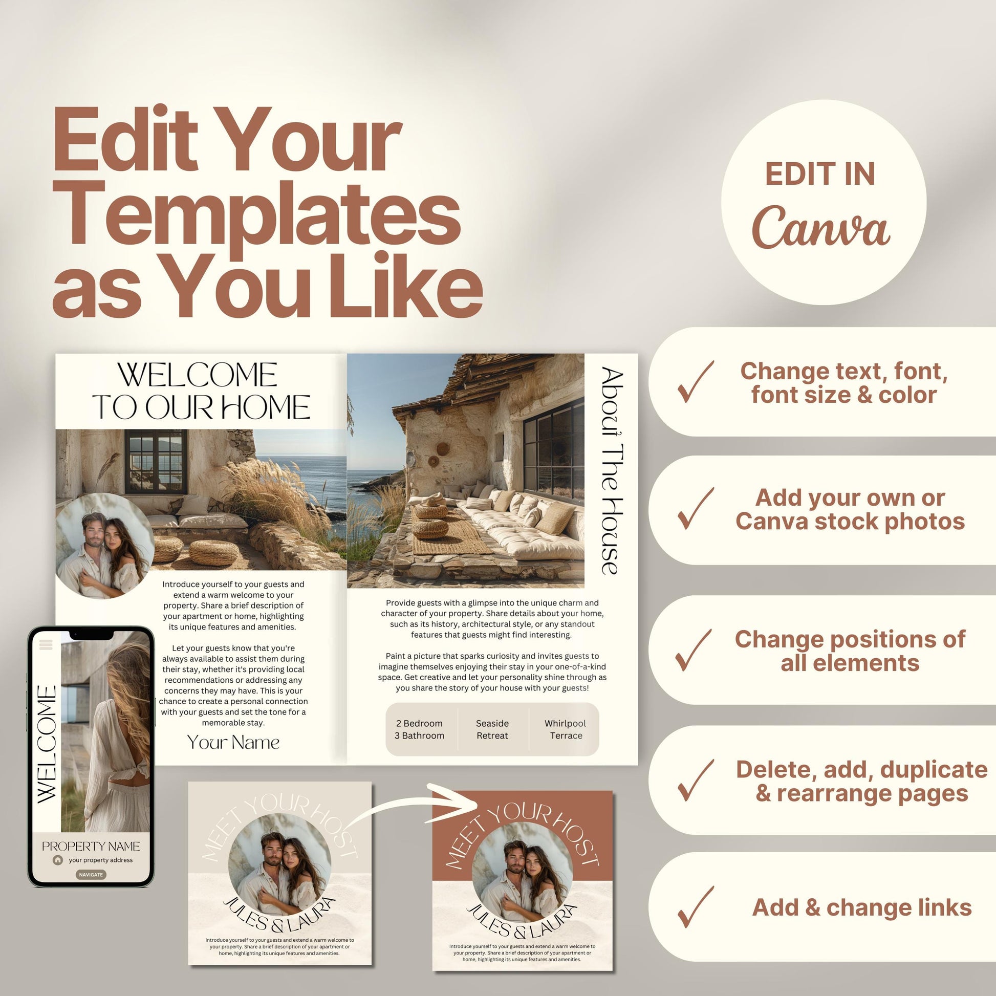 Editable Airbnb host welcome guide template, featuring welcome messages, house description, and host introduction. Includes checklist of customizable elements such as text, photos, layout, and links, all editable in Canva.